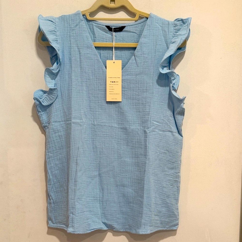NWT Dokotoo medium Light Blue Ruffle Sleeve V-neck Top